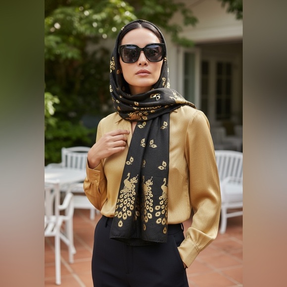Accessories - Black Organza Oblong Scarf with Gold Peacocks